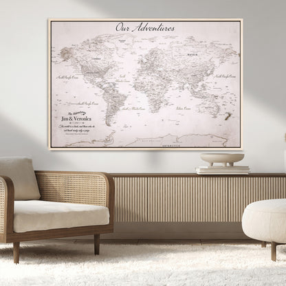 11706567-MGV-CV-36X24-Personalized World Map Wall Art – Minimalist Beige Adventure Travel Map with Custom Names, Elegant Push Pin Canvas for Couples,