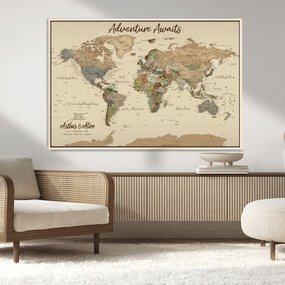 53442996-MGV-CV-36X24-Personalized World Map Wall Art – Adventure Awaits Vintage Travel Map with Custom Couple Names, Rustic Wall Decor for Home,
