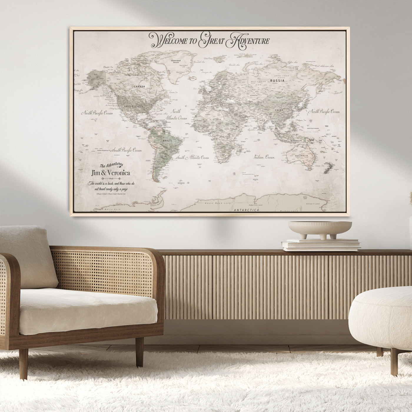 93034948-MGV-FC-36X24_Natural-Personalized World Map Wall Art – Vintage Beige Adventure Travel Map with Custom Names, Elegant Push Pin Canvas for Couples,