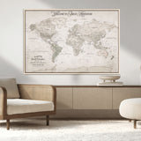 93034948-MGV-FC-36X24_Natural-Personalized World Map Wall Art – Vintage Beige Adventure Travel Map with Custom Names, Elegant Push Pin Canvas for Couples,
