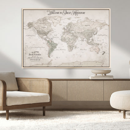 93034948-MGV-FC-36X24_Natural-Personalized World Map Wall Art – Vintage Beige Adventure Travel Map with Custom Names, Elegant Push Pin Canvas for Couples,