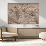 93226713-MGV-FC-36X24_Natural-Personalized World Map Wall Art – Adventure Awaits Rustic Earth-Tone Travel Map with Custom Names, Vintage Wall Decor for Couples,