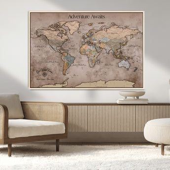 93226713-MGV-FC-36X24_Natural-Personalized World Map Wall Art – Adventure Awaits Rustic Earth-Tone Travel Map with Custom Names, Vintage Wall Decor for Couples,