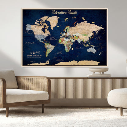 80965072-MGV-CV-36X24-Personalized World Map Wall Art – Adventure Awaits Navy Blue Travel Map with Custom Names, Rustic Vintage Wall Decor for Couples,