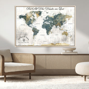 16233493-MGV-CV-36X24-Personalized World Map Wall Art – Rustic Blue Green Wanderlust Travel Map with Custom Couple Names, Vintage Wall Decor for Home