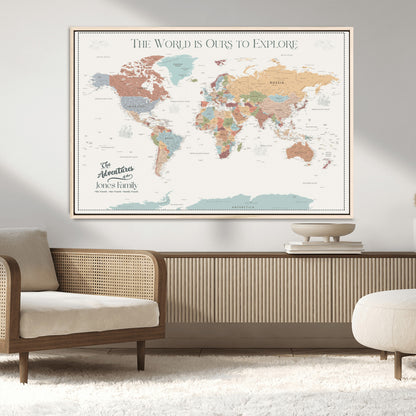 69180591-MGV-FC-36X24_Natural-Personalized World Map Wall Art – Rustic Vintage Adventure Travel Map with Custom Family Names, Unique Wall Decor for Couples,