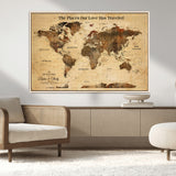 50680593-MGV-CV-36X24-Personalized World Map Wall Art – Rustic Brown Adventure Travel Map with Custom Names, Elegant Push Pin Canvas for Couples Home,