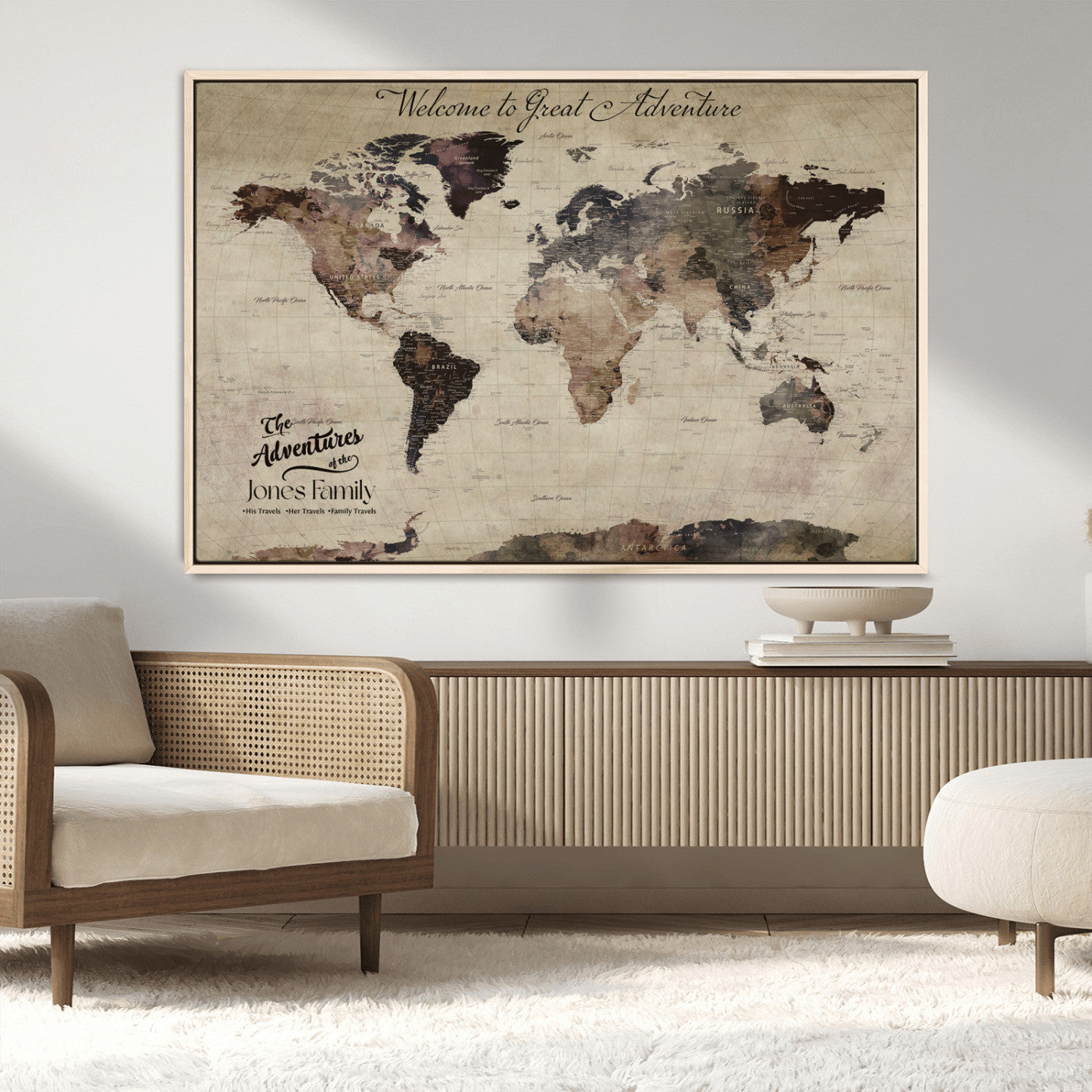 78610079-MGV-CV-36X24-Personalized World Map Wall Art – Vintage Rustic Travel Map with Custom Family Name, Adventure Wall Decor for Home, Family Gift or