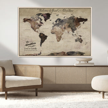 78610079-MGV-CV-36X24-Personalized World Map Wall Art – Vintage Rustic Travel Map with Custom Family Name, Adventure Wall Decor for Home, Family Gift or