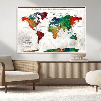 95876117-MGV-FC-36X24_Natural-Personalized World Map Wall Art – Colorful Watercolor Travel Map with Custom Names, Romantic Wall Decor for Couples, Wedding or