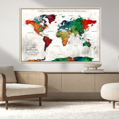 95876117-MGV-FC-36X24_Natural-Personalized World Map Wall Art – Colorful Watercolor Travel Map with Custom Names, Romantic Wall Decor for Couples, Wedding or
