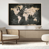 70534097-MGV-CV-36X24-Personalized World Map Wall Art – Dark Vintage Adventure Style Travel Map with Custom Names, Unique Wall Decor for Couples, Home