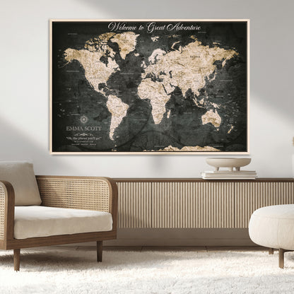 70534097-MGV-CV-36X24-Personalized World Map Wall Art – Dark Vintage Adventure Style Travel Map with Custom Names, Unique Wall Decor for Couples, Home