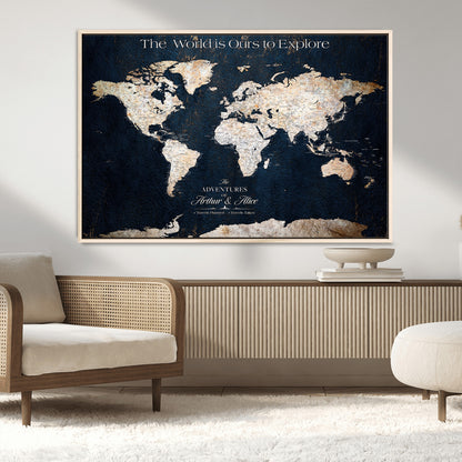 13231361-MGV-CV-36X24-Personalized World Map Wall Art – Navy Blue Vintage Adventure Travel Map with Custom Names, Elegant Push Pin Canvas for Couples