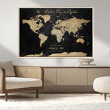 98947257-MGV-CV-36X24-Personalized World Map Wall Art – Vintage Black Adventure Travel Map with Custom Names, Elegant Push Pin Canvas for Couples Home