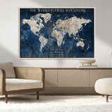 16933330-MGV-CV-36X24-Personalized World Map Wall Art – Navy Blue Vintage Travel Map with Custom Names, Anniversary Gift for Couples Romantic Adventure