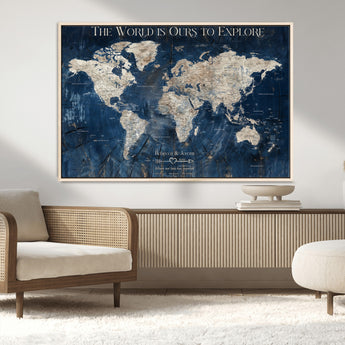 16933330-MGV-CV-36X24-Personalized World Map Wall Art – Navy Blue Vintage Travel Map with Custom Names, Anniversary Gift for Couples Romantic Adventure