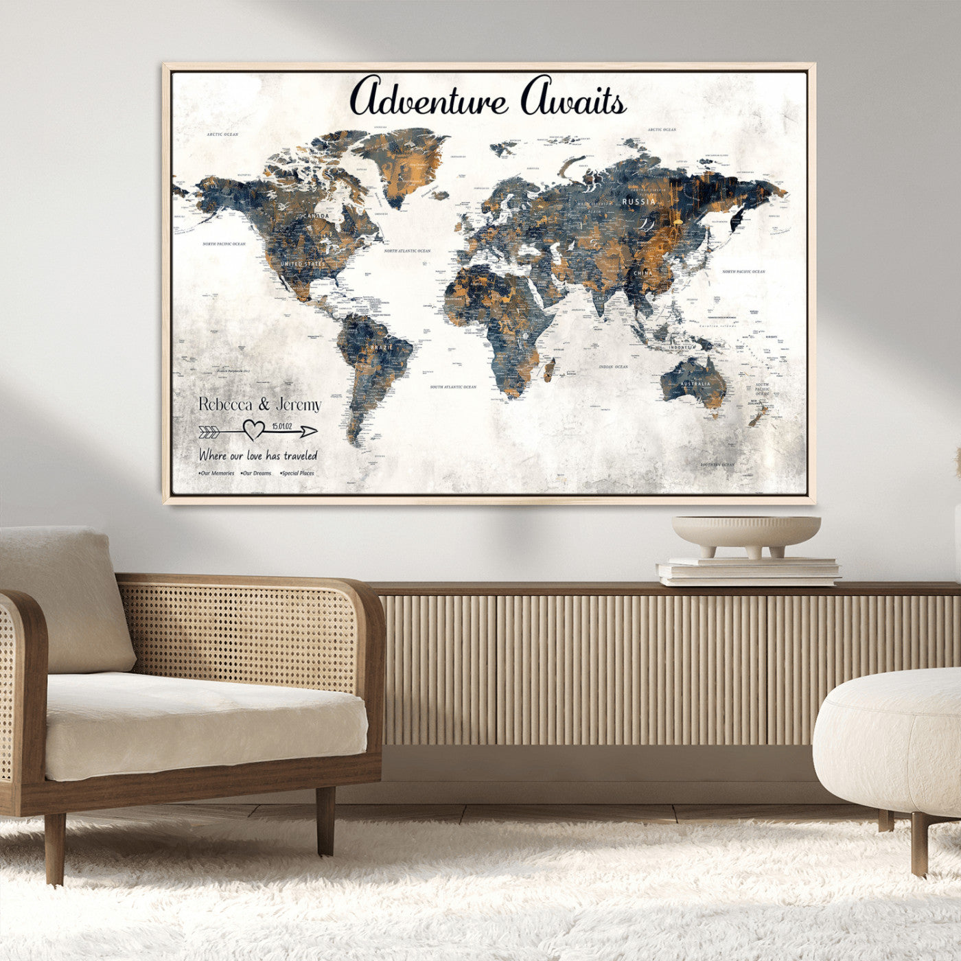 11751559-MGV-FC-36X24_Natural-Personalized World Map Wall Art – Elegant Adventure Travel Tracker Map for Couples & Families, Push Pin Canvas Poster Decor for Home, Office