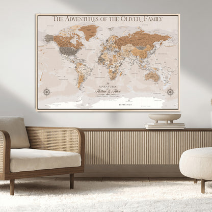 34289723-MGV-CV-36X24-Personalized World Map Wall Art – Elegant Beige and Brown Adventure Map Canvas Print for Family Home, Living Room, Study or Office