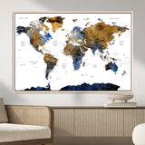 MGV-FC-36X24 - World Map Wall Art Canvas Print, Framed Blue Gold Map Art Picture Print, Rustic Atlas Perfect Rustic Modern Decor Artwork