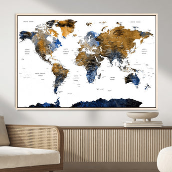 MGV-FC-36X24 - World Map Wall Art Canvas Print, Framed Blue Gold Map Art Picture Print, Rustic Atlas Perfect Rustic Modern Decor Artwork