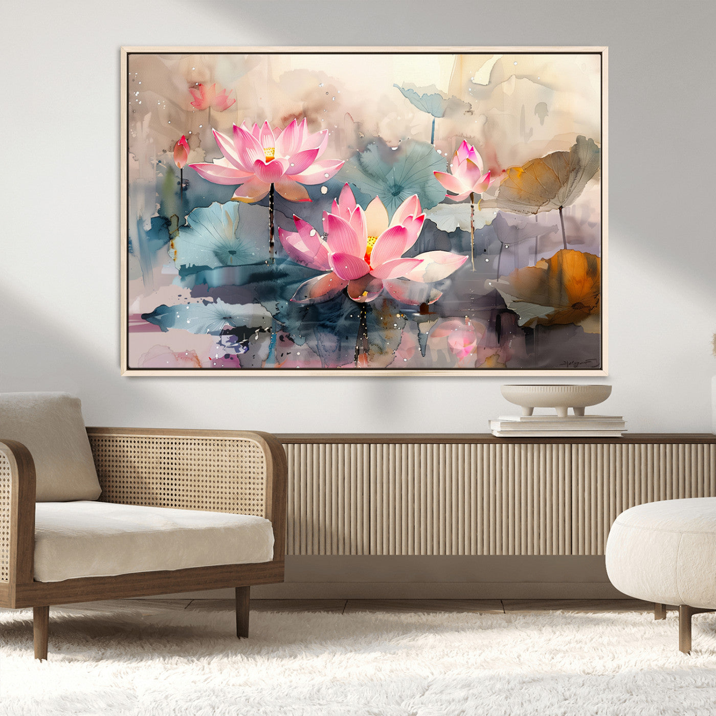 18414-MGV-FC-36X24_Natural-Pink Lotus Wall Art Canvas Print, Framed Water Lily Art Picture Print, Dreamy Floral Perfect Dreamy Botanical Decor Artwork