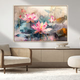18414-MGV-FC-36X24_Natural-Pink Lotus Wall Art Canvas Print, Framed Water Lily Art Picture Print, Dreamy Floral Perfect Dreamy Botanical Decor Artwork