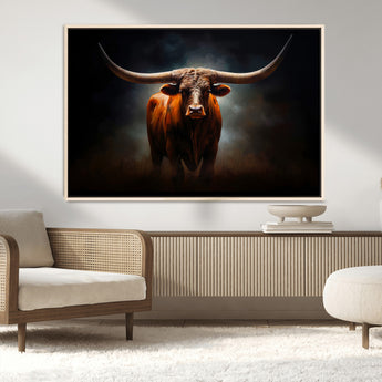 12484-MGV-FC-36X24_Natural-Texas Longhorn Wall Art Canvas Print, Framed Western Bull Art Picture Print, Moody Cattle Perfect Moody Western Decor Artwork