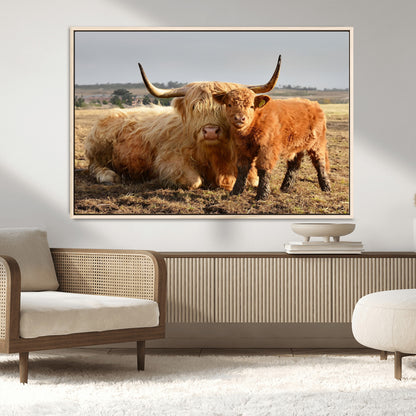 88780-MGV-CV-36X24-Highland Cow Wall Art Canvas Print, Framed Cow Calf Art Picture Print, Scottish Cattle Perfect Rustic Farmhouse Decor Artwork