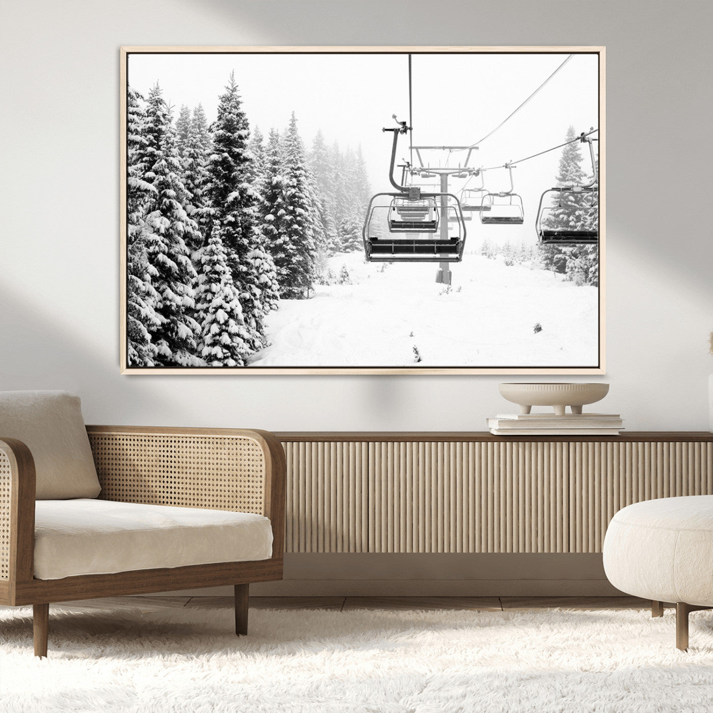 49274-MGV-CV-36X24-Snowy Forest Wall Art Canvas Print, Framed Ski Lift Art Picture Print, Mountain Snow Perfect Minimal Winter Lodge Decor Artwork