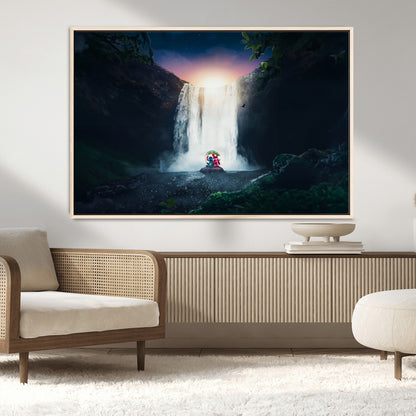 56359-MGV-CV-36X24-Lilo Stitch Wall Art Canvas Print, Framed Stitch Angel Art Picture Print, Cartoon Waterfall Perfect Tropical Fantasy Decor Artwork