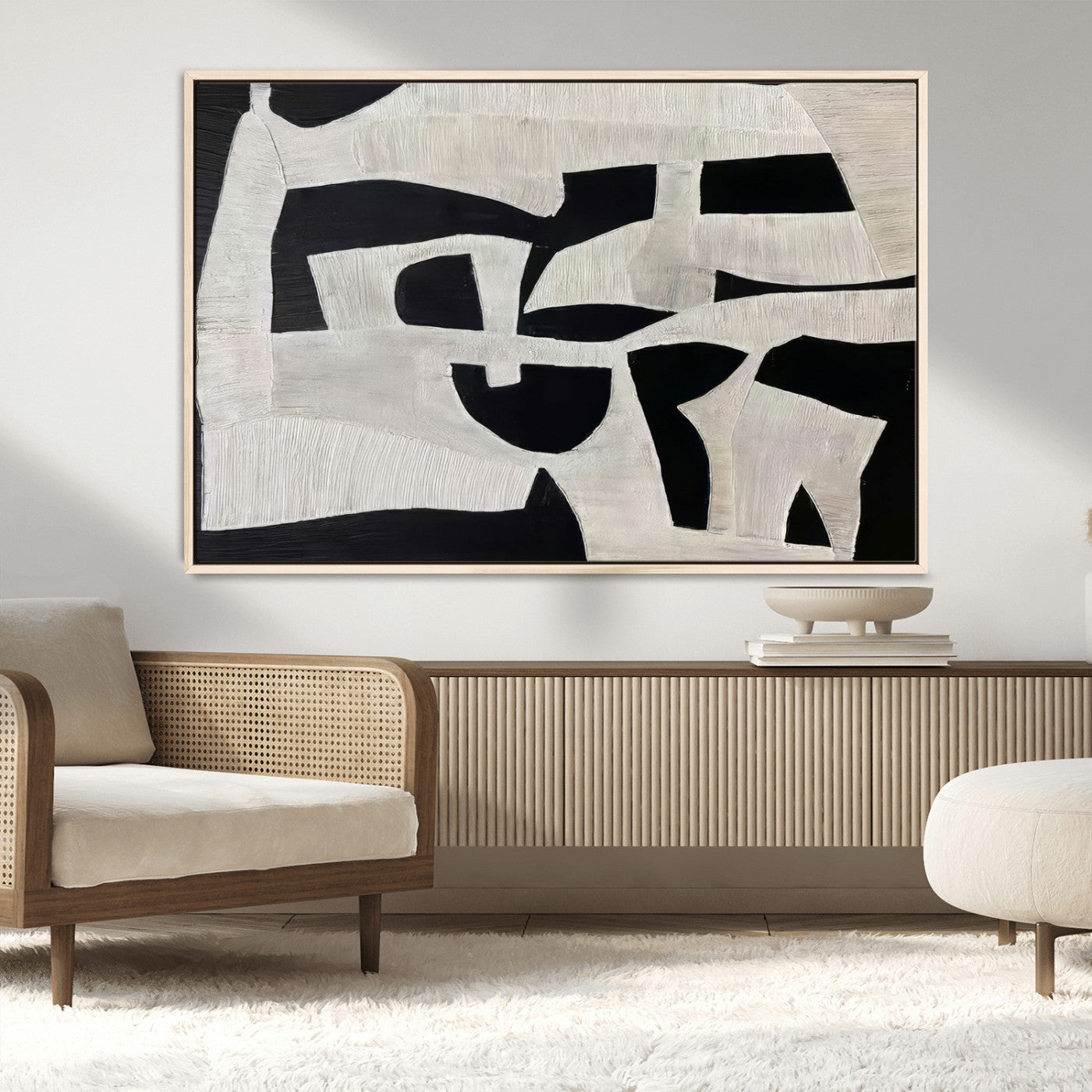 33714-MGV-FC-36X24_Natural-Monochrome Design Wall Art Canvas Print, Framed Modern Linework Art Picture Print, Textured Shapes Perfect Monochrome Modern Decor