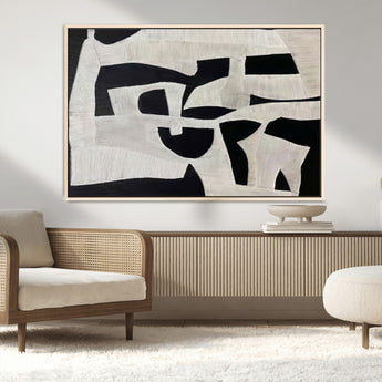 33714-MGV-FC-36X24_Natural-Monochrome Design Wall Art Canvas Print, Framed Modern Linework Art Picture Print, Textured Shapes Perfect Monochrome Modern Decor