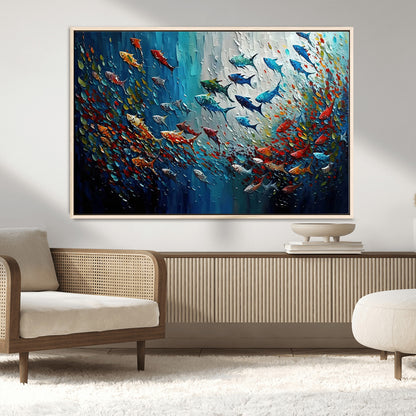 89626-MGV-CV-36X24-Fish Swarm Wall Art Canvas Print, Framed Abstract Ocean Art Picture Print, Underwater Life Perfect Vibrant Coastal Decor Artwork
