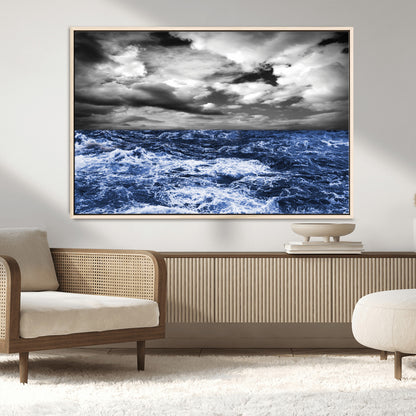 91043-MGV-CV-36X24-Stormy Ocean Wall Art Canvas Print, Framed Moody Seascape Art Picture Print, Monochrome Sea Perfect Coastal Drama Decor Artwork