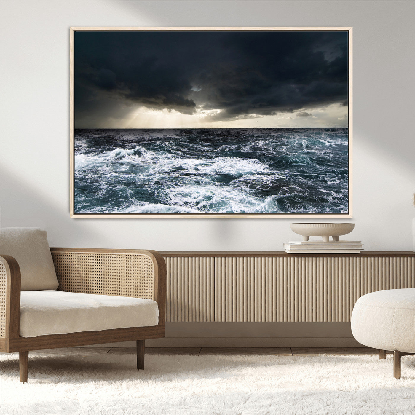 51359-MGV-FC-36X24_Natural-Stormy Ocean Wall Art Canvas Print, Framed Moody Seascape Art Picture Print, Ocean Storm Perfect Dramatic Coastal Decor Artwork