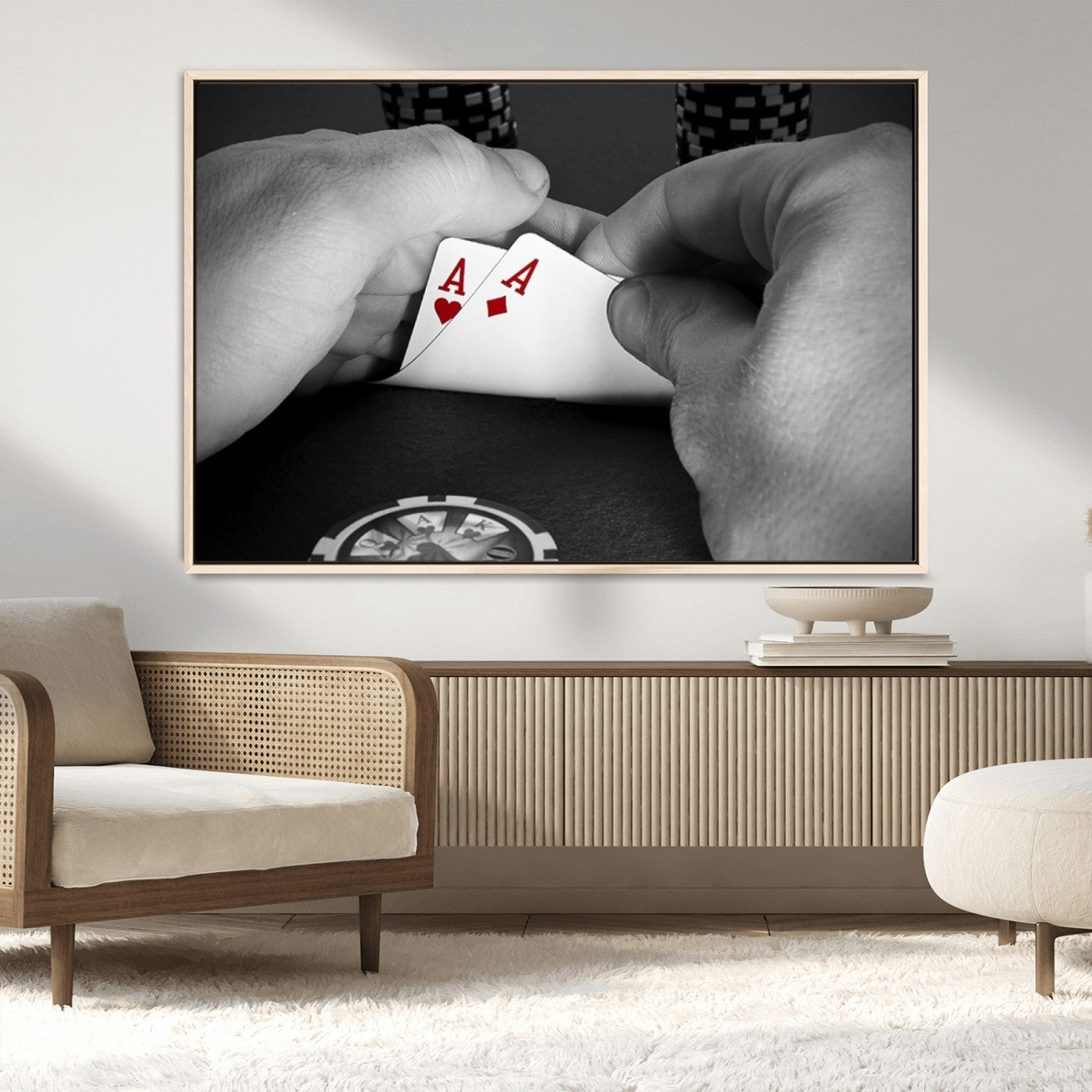 62460-MGV-CV-36X24-Poker Game Wall Art – Close Up of Hands Holding Aces with Chips, Casino Style Decor for Game Room, Man Cave or Office