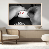 62460-MGV-CV-36X24-Poker Game Wall Art – Close Up of Hands Holding Aces with Chips, Casino Style Decor for Game Room, Man Cave or Office