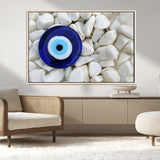 48883-MGV-CV-36X24-Evil Eye Wall Art – Deep Blue Symbol of Presence and Calm on White Stones, Subtle Spiritual Decor for Entryway, Studio, Office or