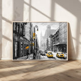32362-MGV-CV-36X24-NYC Street Wall Art – Black and White Cityscape with Yellow Taxis and Umbrella Canvas Print, Urban Home Decor for Living Room or
