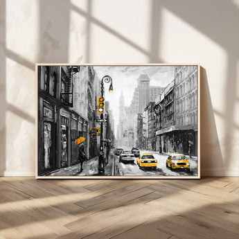 32362-MGV-CV-36X24-NYC Street Wall Art – Black and White Cityscape with Yellow Taxis and Umbrella Canvas Print, Urban Home Decor for Living Room or