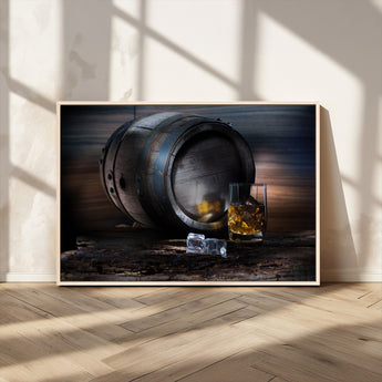 78049-MGV-CV-36X24-Whiskey Barrel Wall Art – Rustic Whiskey Barrel and Glass with Ice Canvas Print, Classic Bar or Lounge Decor for Home, Office, or