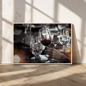 75513-MGV-CV-36X24-Elegant Wine Toast Wall Art – Close-Up Red Wine Glass at Dinner Table Canvas Print, Sophisticated Dining Room or Bar Decor