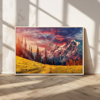 83947-MGV-CV-36X24-Sunset Mountain Landscape Wall Art – Panoramic Alpine Meadow and Snow Capped Peaks Canvas Print, Nature Scenic Decor for Home,