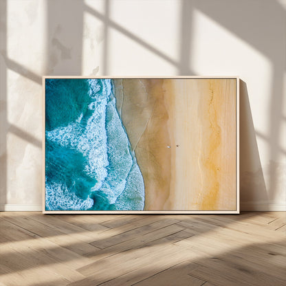 46640-MGV-CV-36X24-Aerial Beach Wall Art – Turquoise Waves and Golden Sand Canvas Print with Lone Surfer, Coastal Ocean Decor for Living Room,