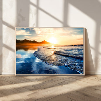 86173-MGV-CV-36X24-Golden Sunset Beach Wall Art – Reflective Ocean Canvas Print with Mountains and Waves, Coastal Nature Decor for Living Room,