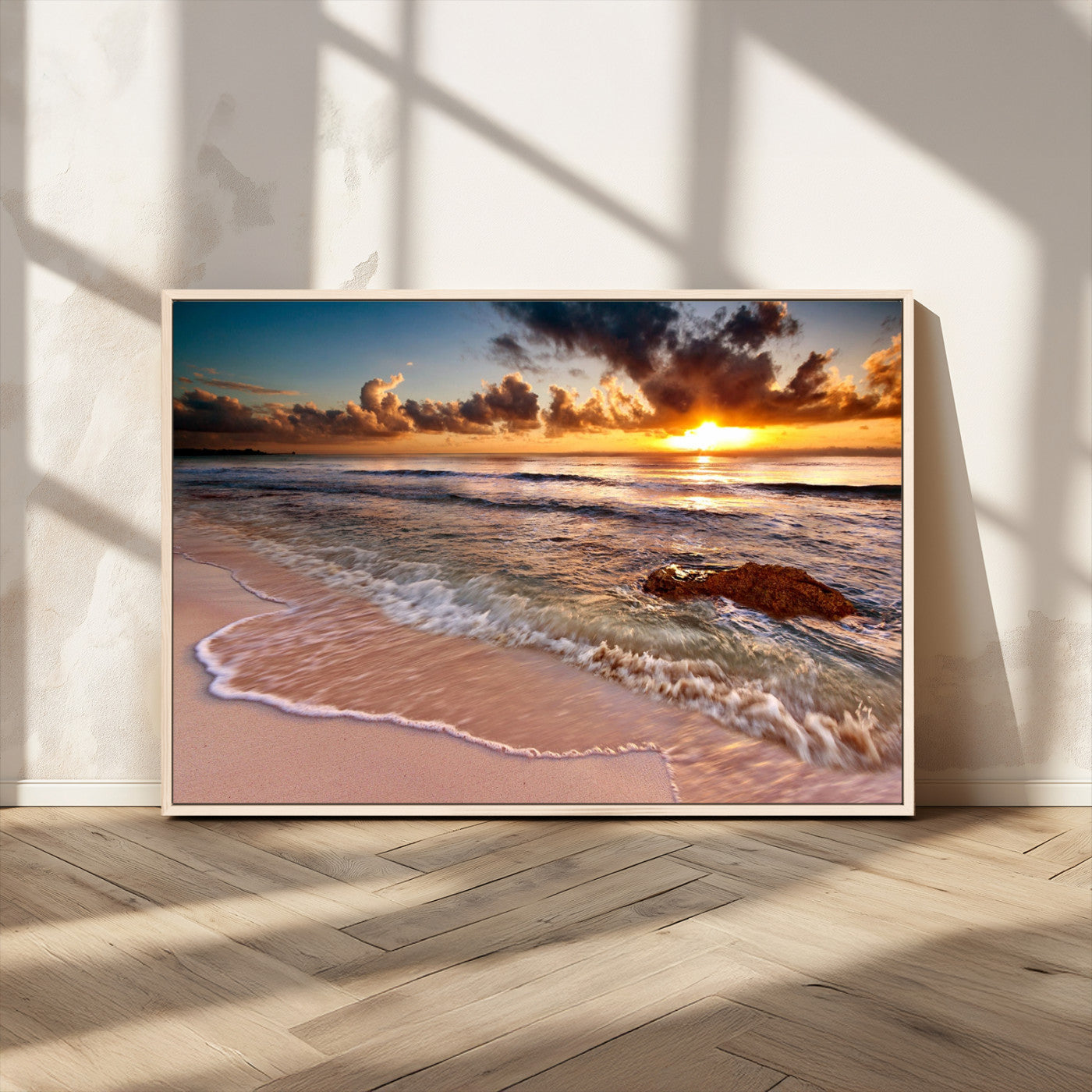 38302-MGV-CV-36X24-Sunset Beach Wall Art – Stunning Ocean Waves and Rock Canvas Print, Warm Coastal Decor for Living Room, Bedroom, Office or Beach
