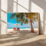 69754-MGV-CV-36X24-Tropical Beach Wall Art – Relaxing Palm Tree and Lounge Chairs Canvas Print, Serene Coastal Decor for Living Room, Bedroom, Office
