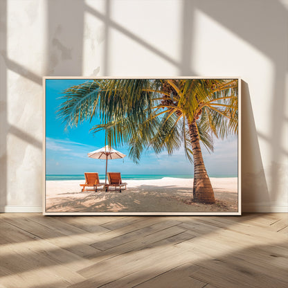 69754-MGV-CV-36X24-Tropical Beach Wall Art – Relaxing Palm Tree and Lounge Chairs Canvas Print, Serene Coastal Decor for Living Room, Bedroom, Office