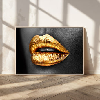 84747-MGV-CV-36X24-Golden Lips Black & White Portrait – Glamorous Metallic Lip Art Print, Modern Wall Decor for Bedroom, Beauty & Fashion Lover Gift